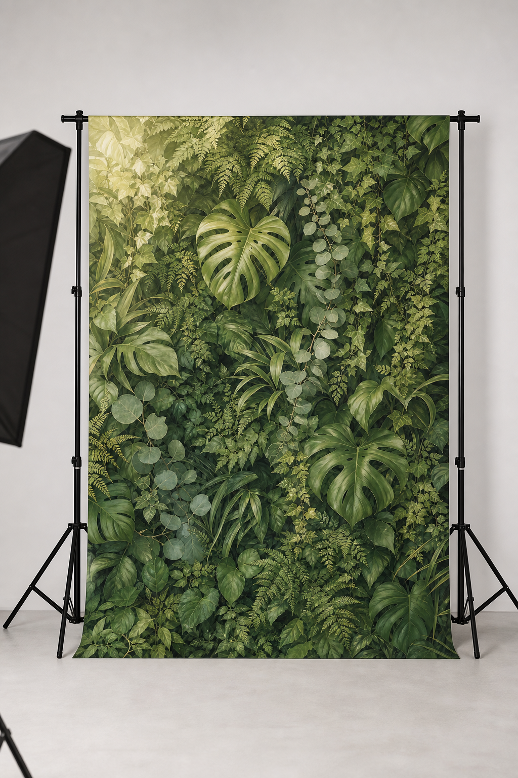 Deep foliage wall photography backdrop printed on matte microfiber, shown hanging on a backdrop stand in a studio