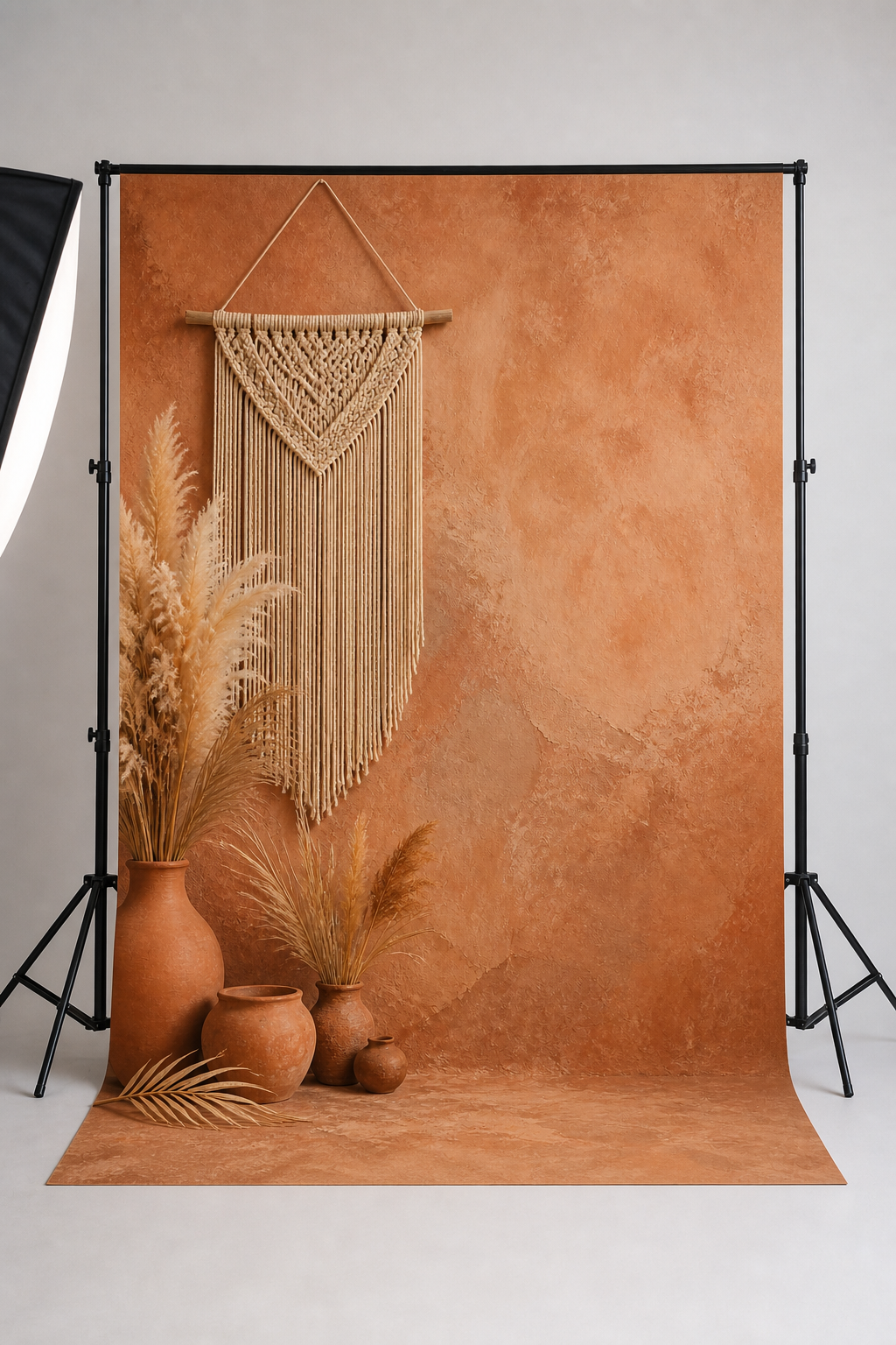 Macrame, pampas and terracotta wall photography backdrop printed on matte microfiber, shown hanging on a backdrop stand in a studio