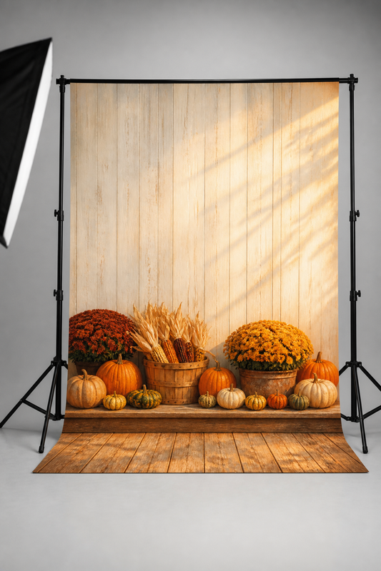 Autumn porch with pumpkins and mums photography backdrop printed on matte microfiber, shown hanging on a backdrop stand in a studio