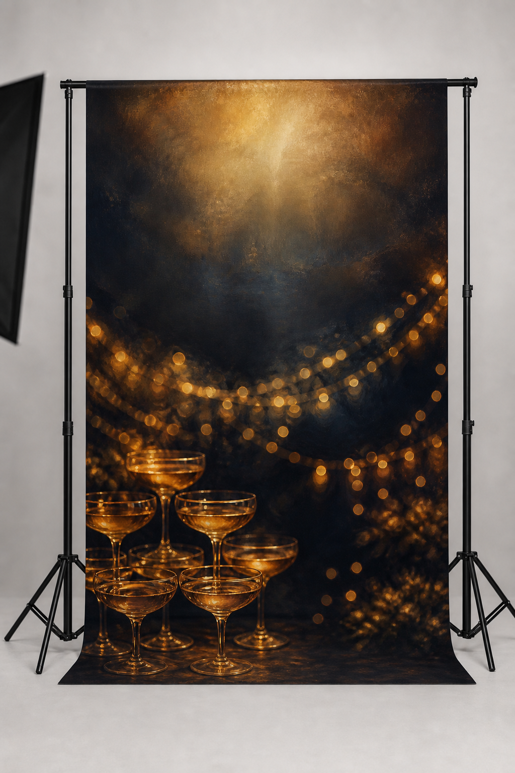 Champagne tower and fairy lights photography backdrop printed on matte microfiber, shown hanging on a backdrop stand in a studio