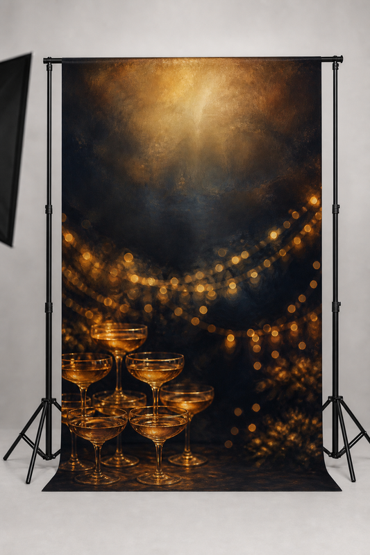 Champagne tower and fairy lights photography backdrop printed on matte microfiber, shown hanging on a backdrop stand in a studio