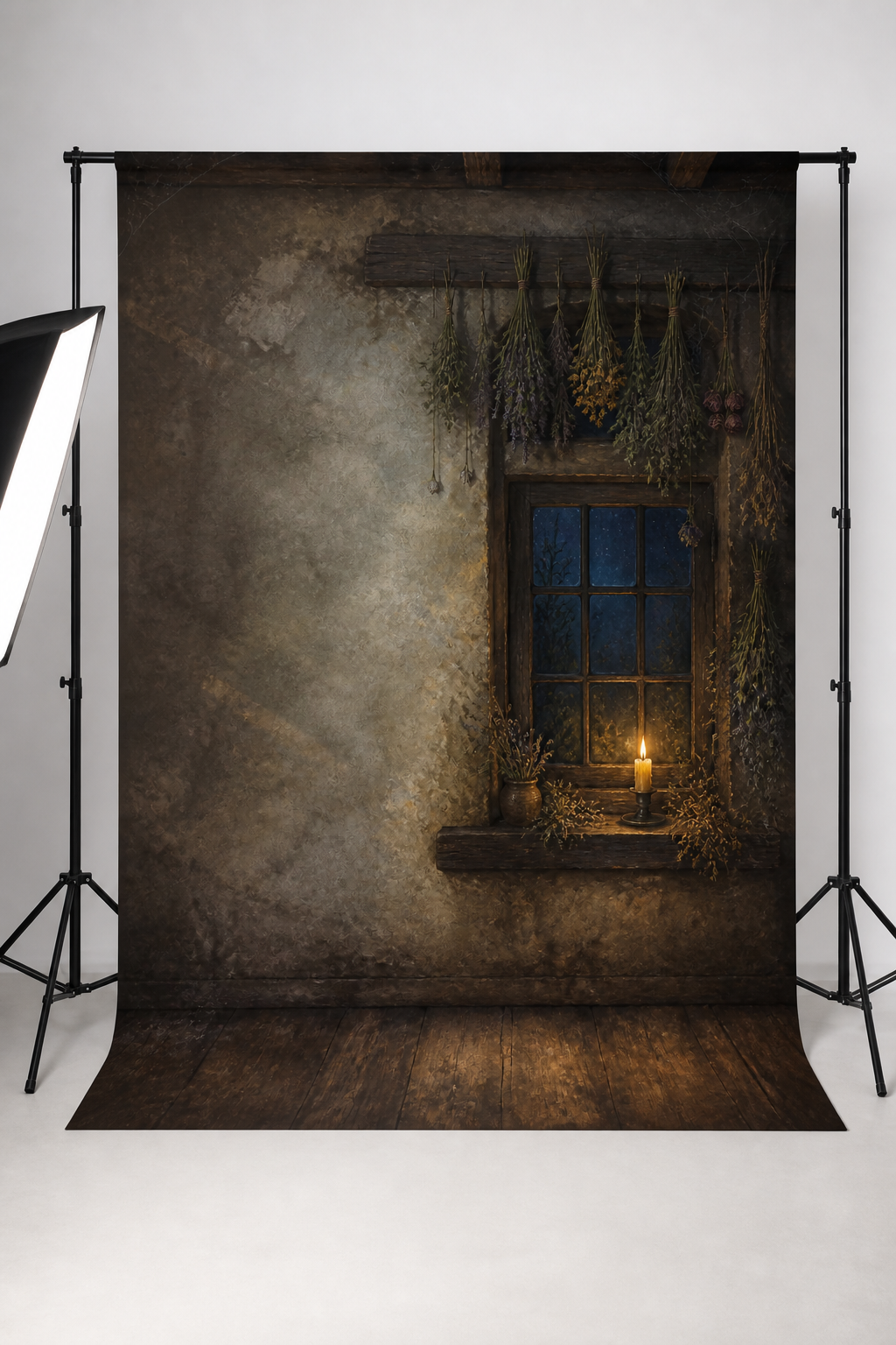 Enchanted cottage window photography backdrop printed on matte microfiber, shown hanging on a backdrop stand in a studio