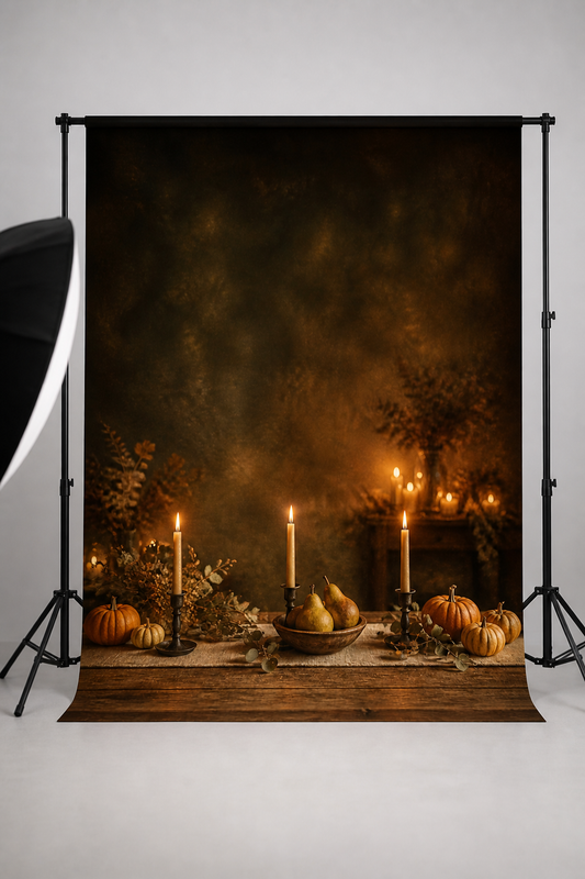 Candlelit harvest table photography backdrop printed on matte microfiber, shown hanging on a backdrop stand in a studio