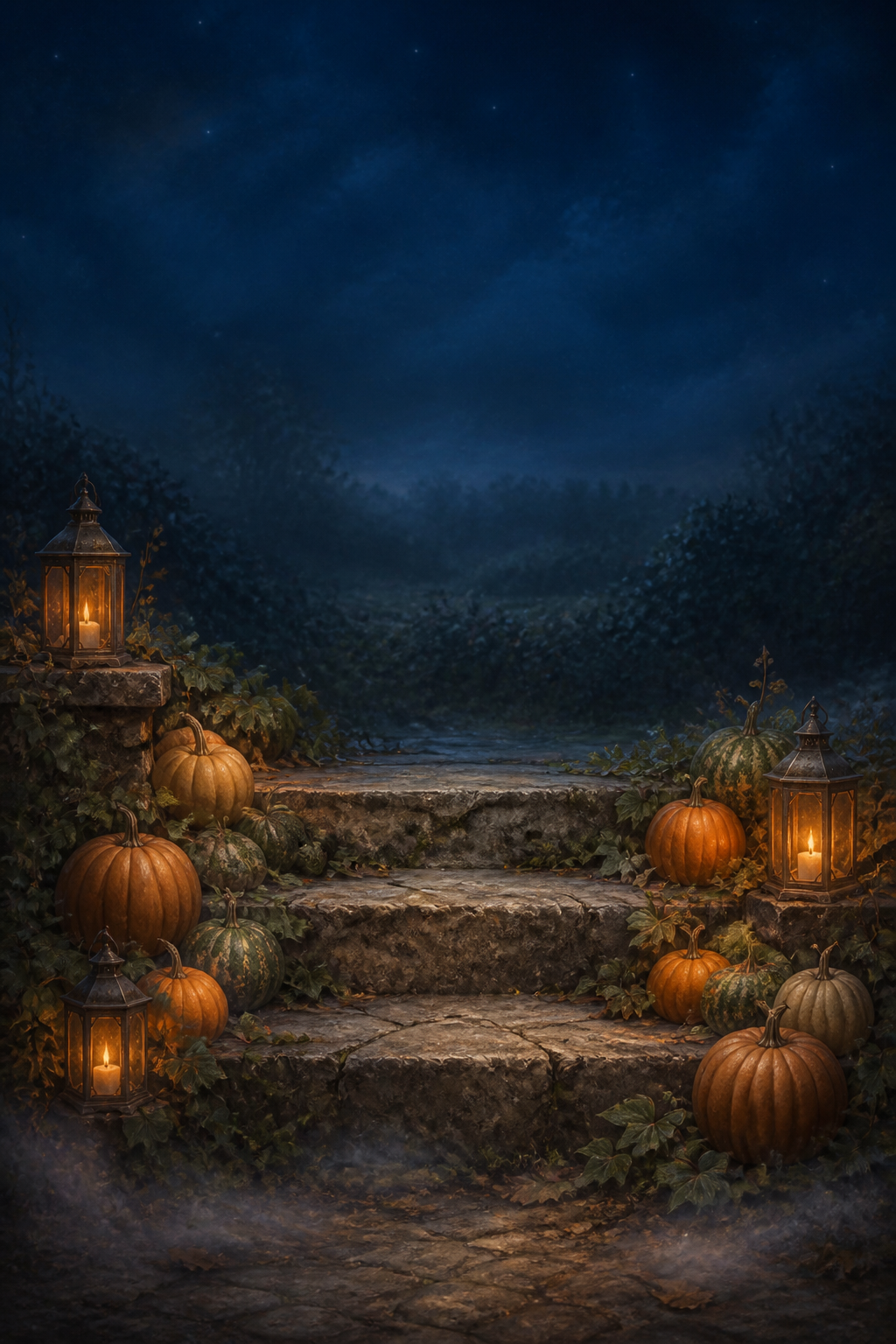 Candlelit stone steps with pumpkins backdrop design, full-bleed printed pattern
