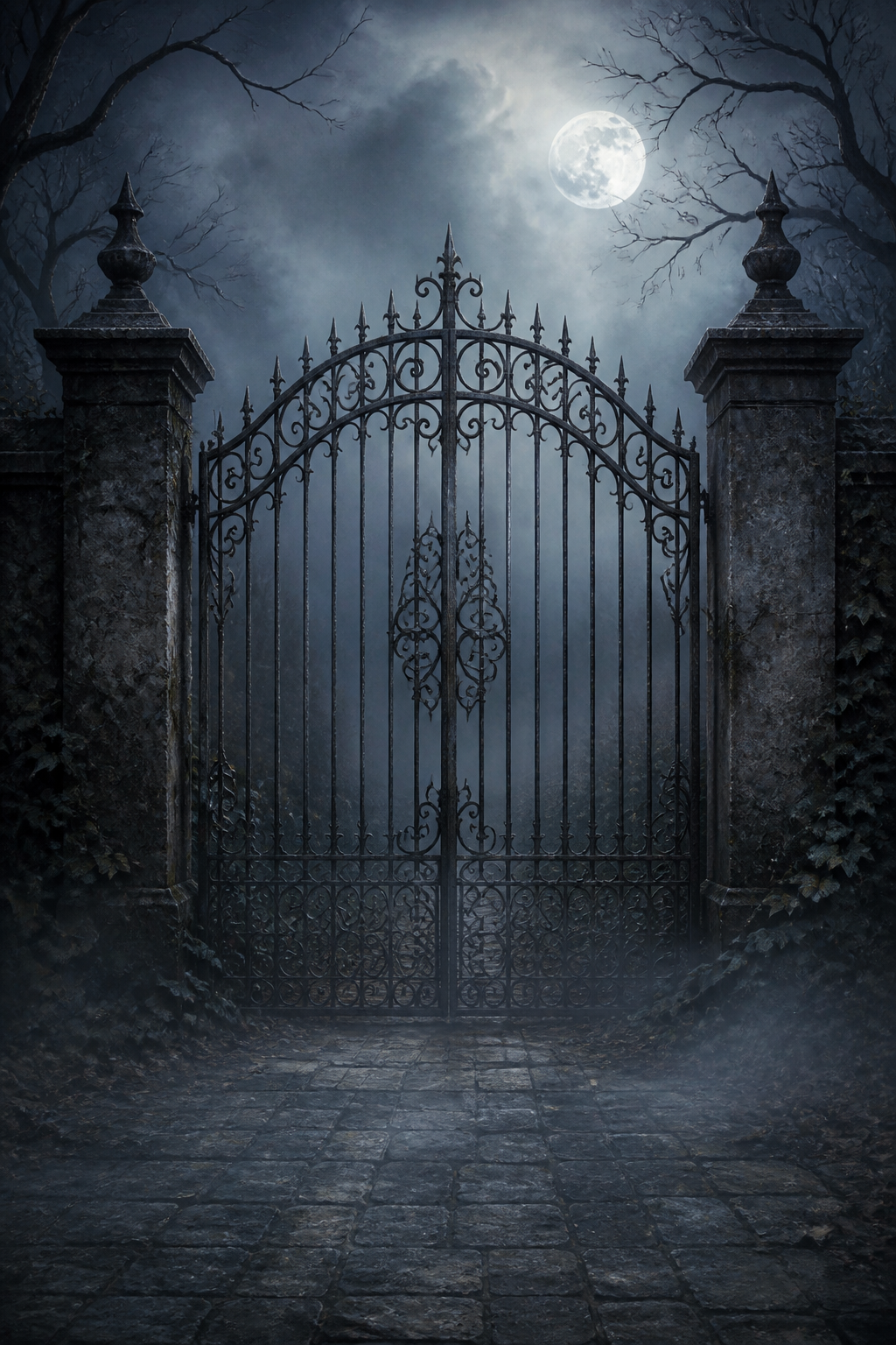 Moonlit iron gate and misty path backdrop design, full-bleed printed pattern