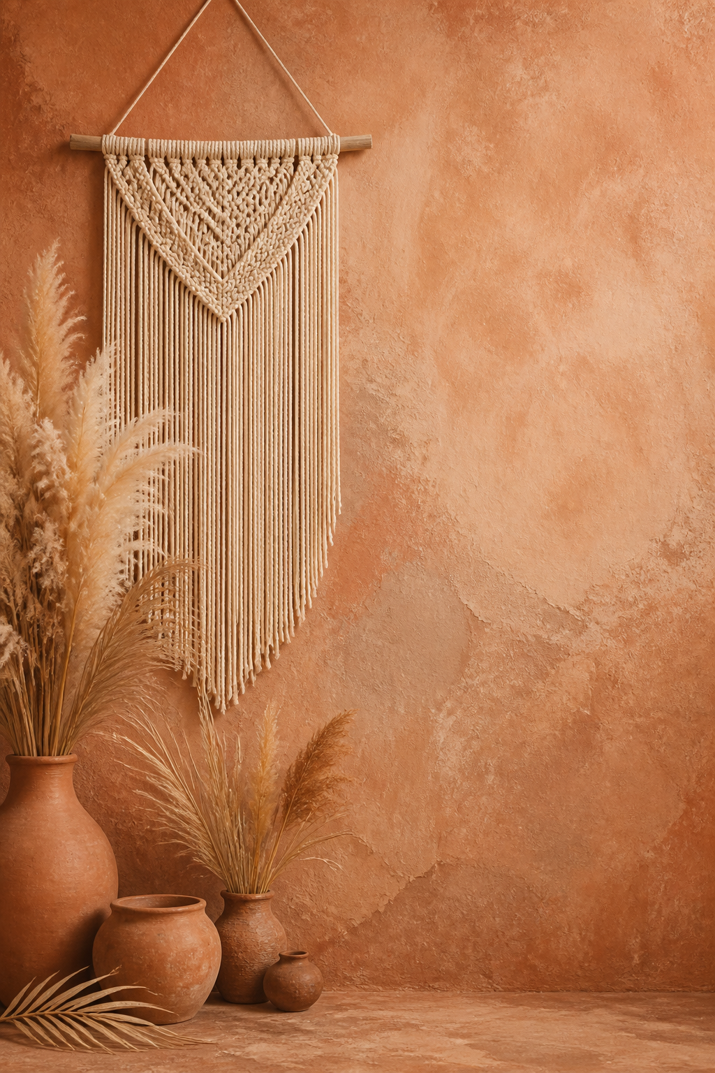 Macrame, pampas and terracotta wall backdrop design, full-bleed printed pattern