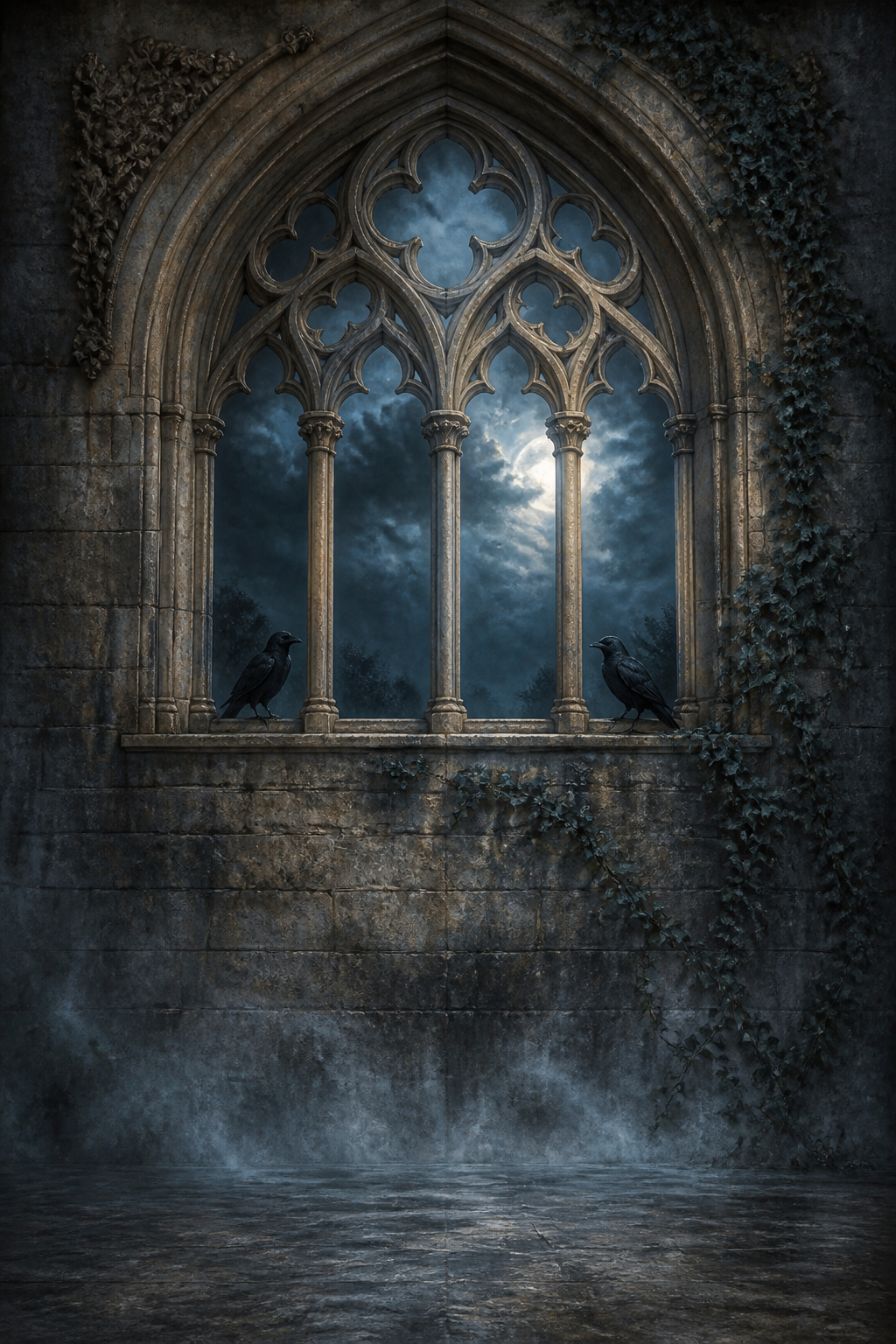Gothic Arched Window with Ravens Halloween Photography Backdrop