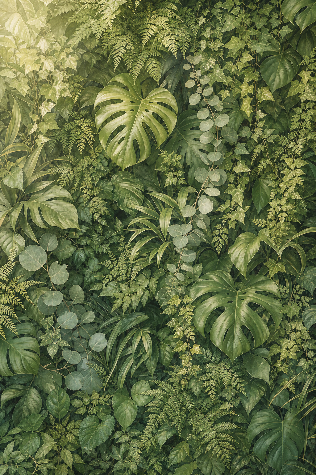 Deep foliage wall backdrop design, full-bleed printed pattern