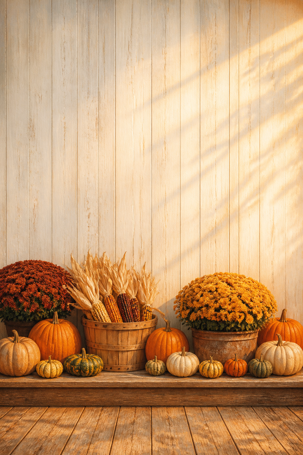 Autumn Porch Pumpkins and Mums Thanksgiving Photography Backdrop
