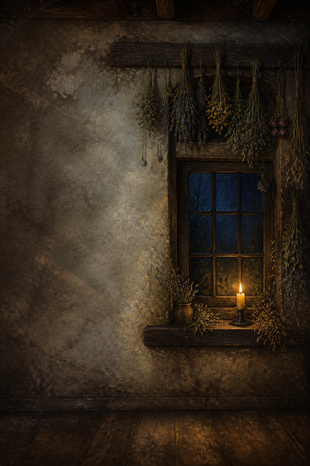 Enchanted cottage window backdrop design, full-bleed printed pattern