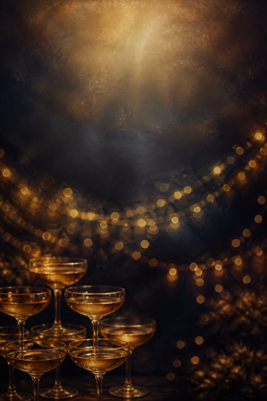 Champagne tower and fairy lights backdrop design, full-bleed printed pattern