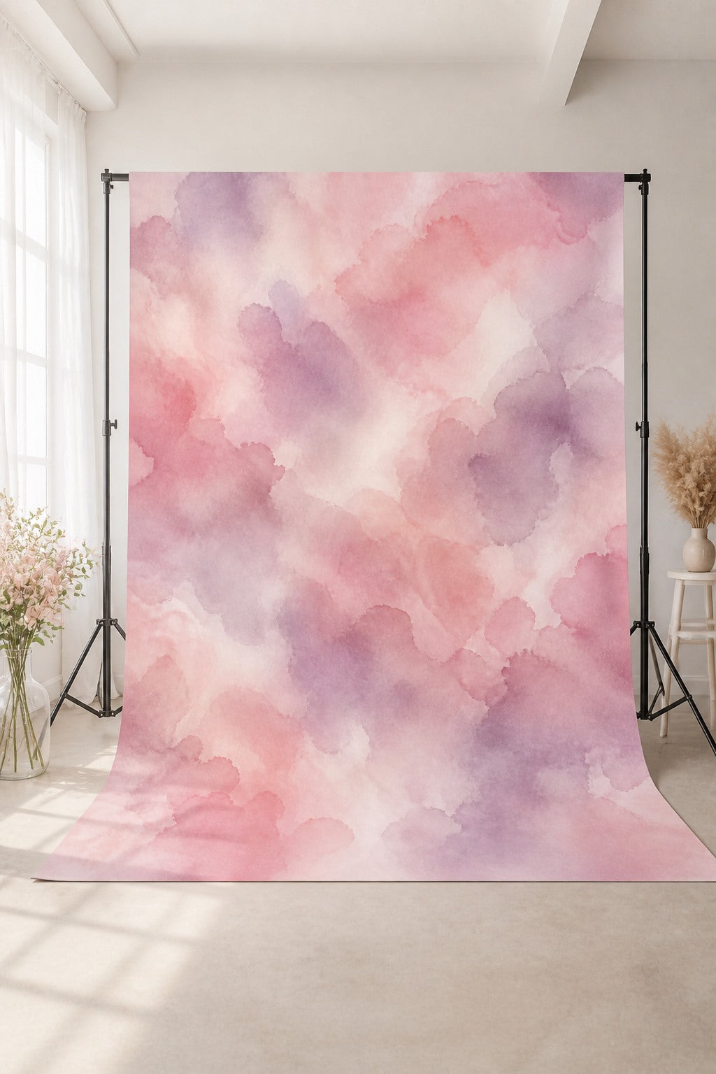 Blush Watercolor photography backdrop displayed on a stand