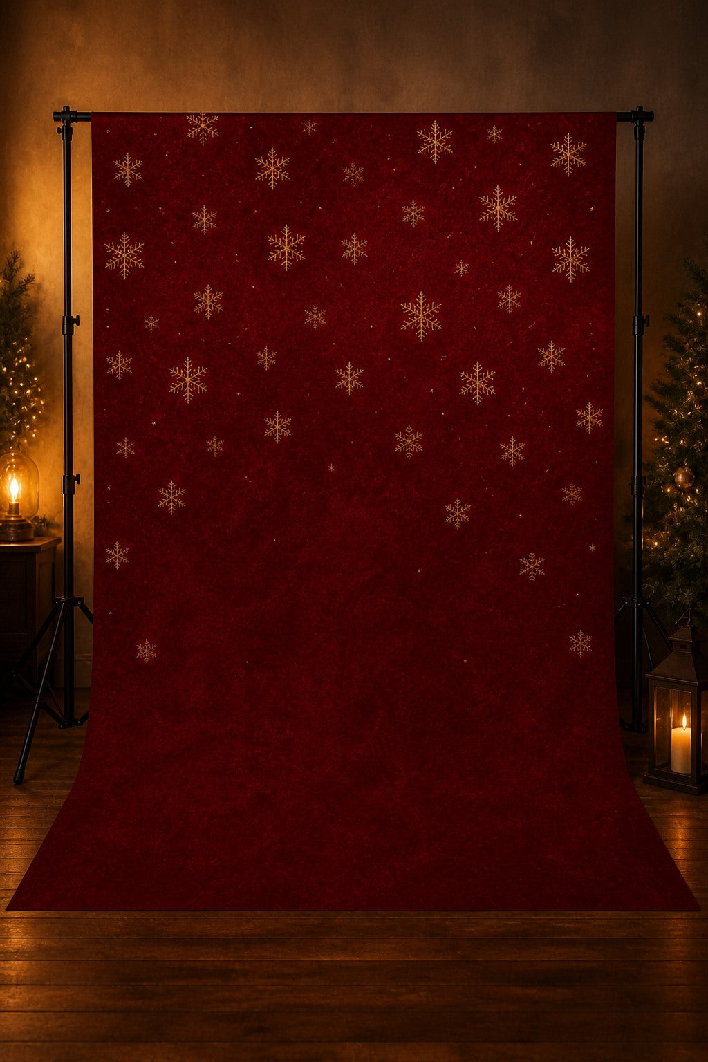 Burgundy & Gold Snowflakes photography backdrop displayed on a stand