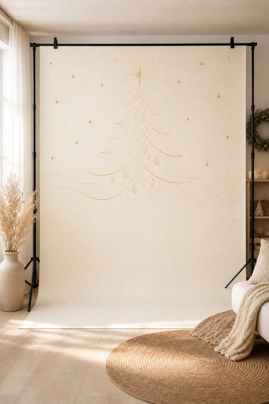 Minimalist Gold Line Christmas Tree photography backdrop displayed on a stand