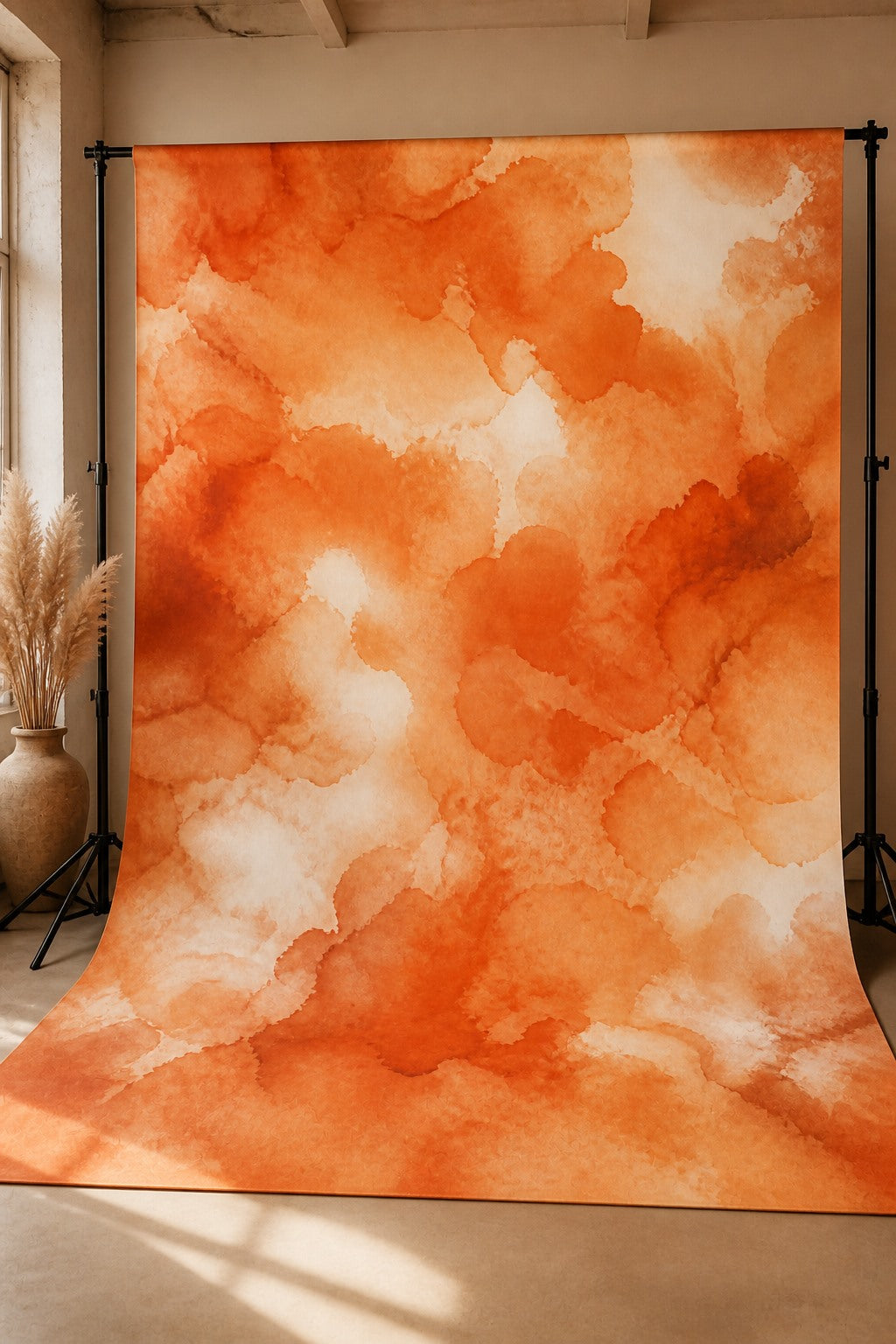 Terracotta Ink Blotch photography backdrop displayed on a stand