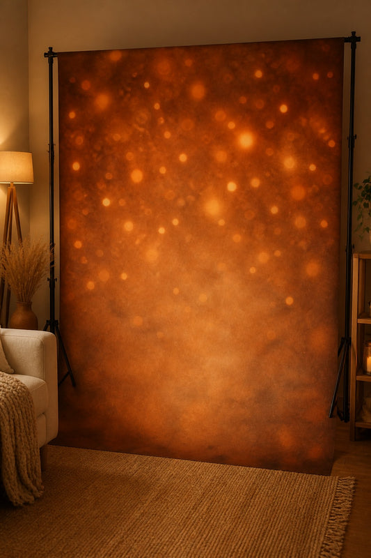 Fireplace Ember Glow photography backdrop displayed on a stand