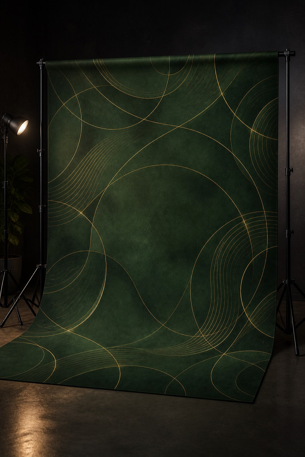 Deep Green Gold Arc photography backdrop displayed on a stand