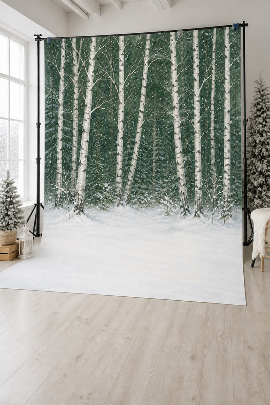 Winter Birch Forest photography backdrop displayed on a stand