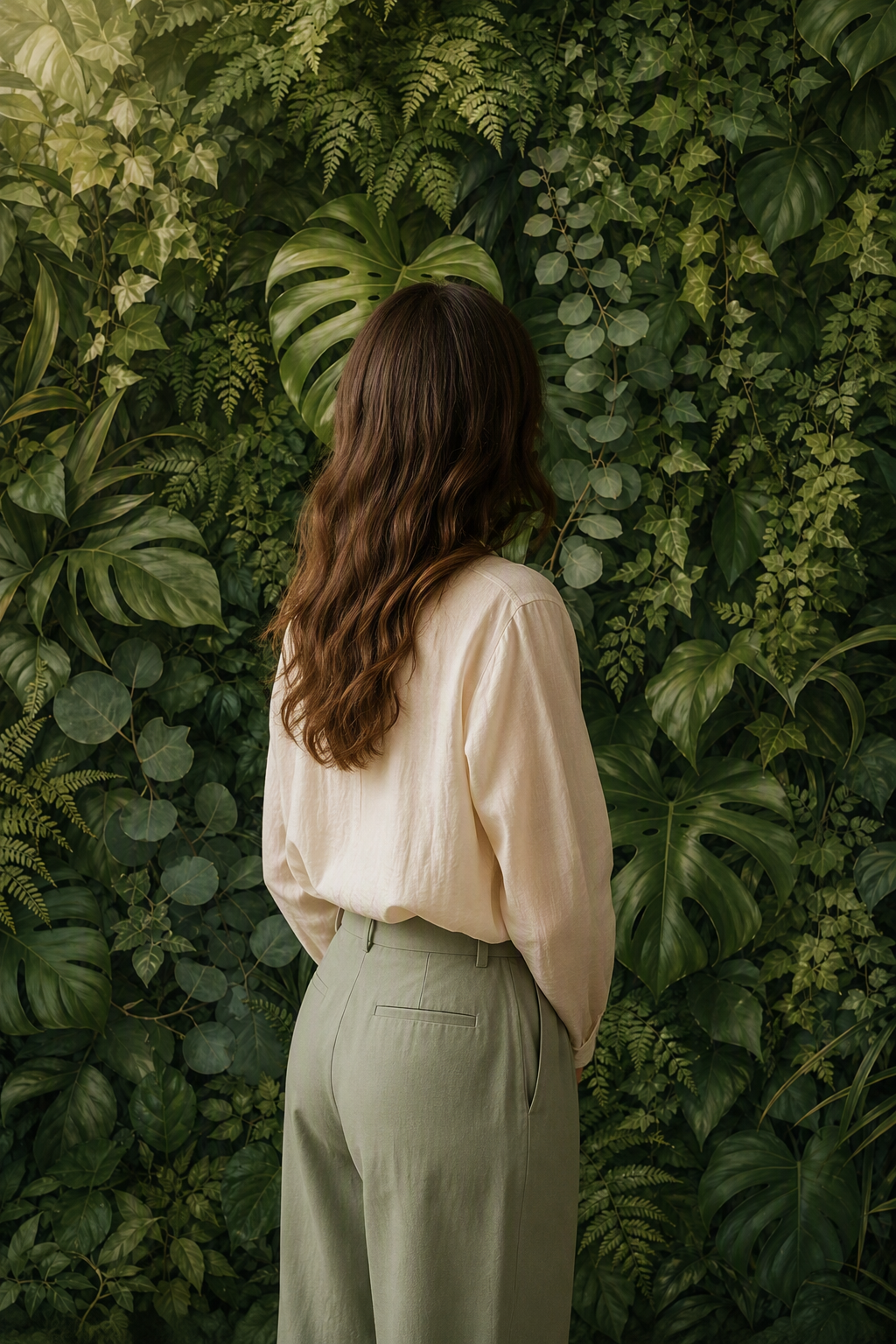 Deep foliage wall backdrop in use behind a portrait subject