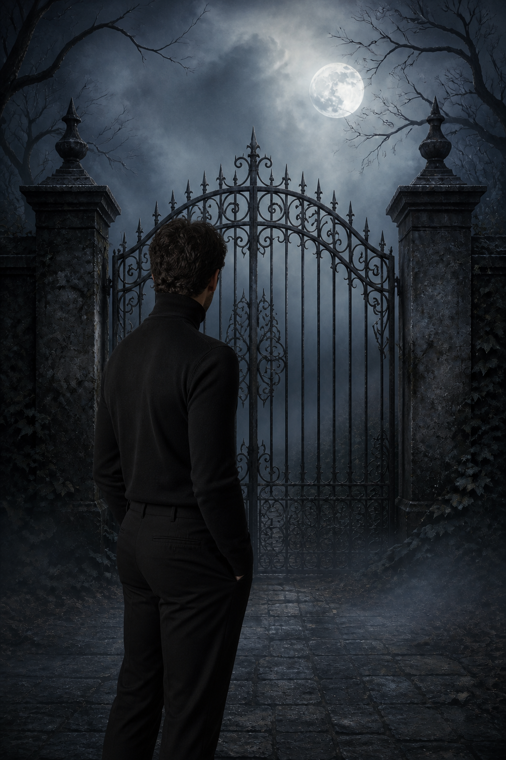 Moonlit iron gate and misty path backdrop in use behind a portrait subject