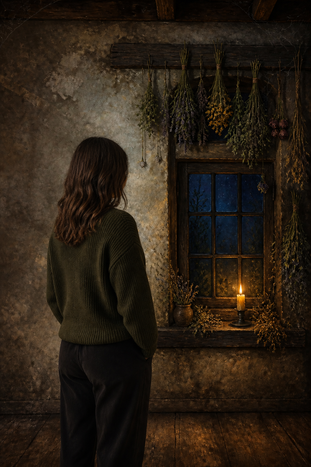 Enchanted cottage window backdrop in use behind a portrait subject