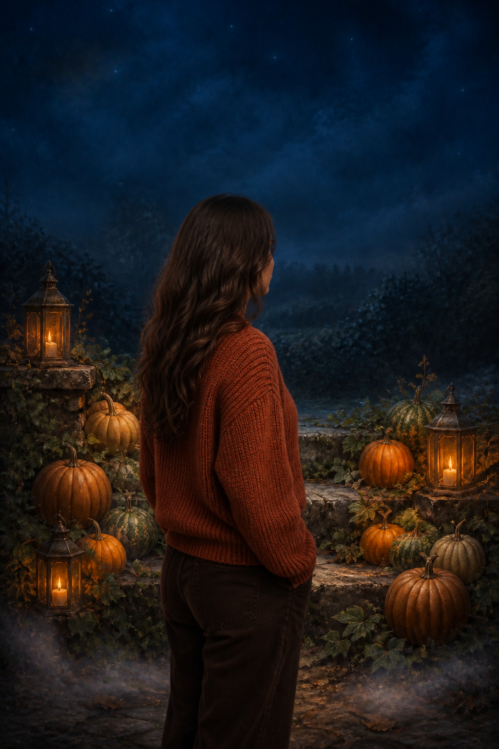 Candlelit stone steps with pumpkins backdrop in use behind a portrait subject