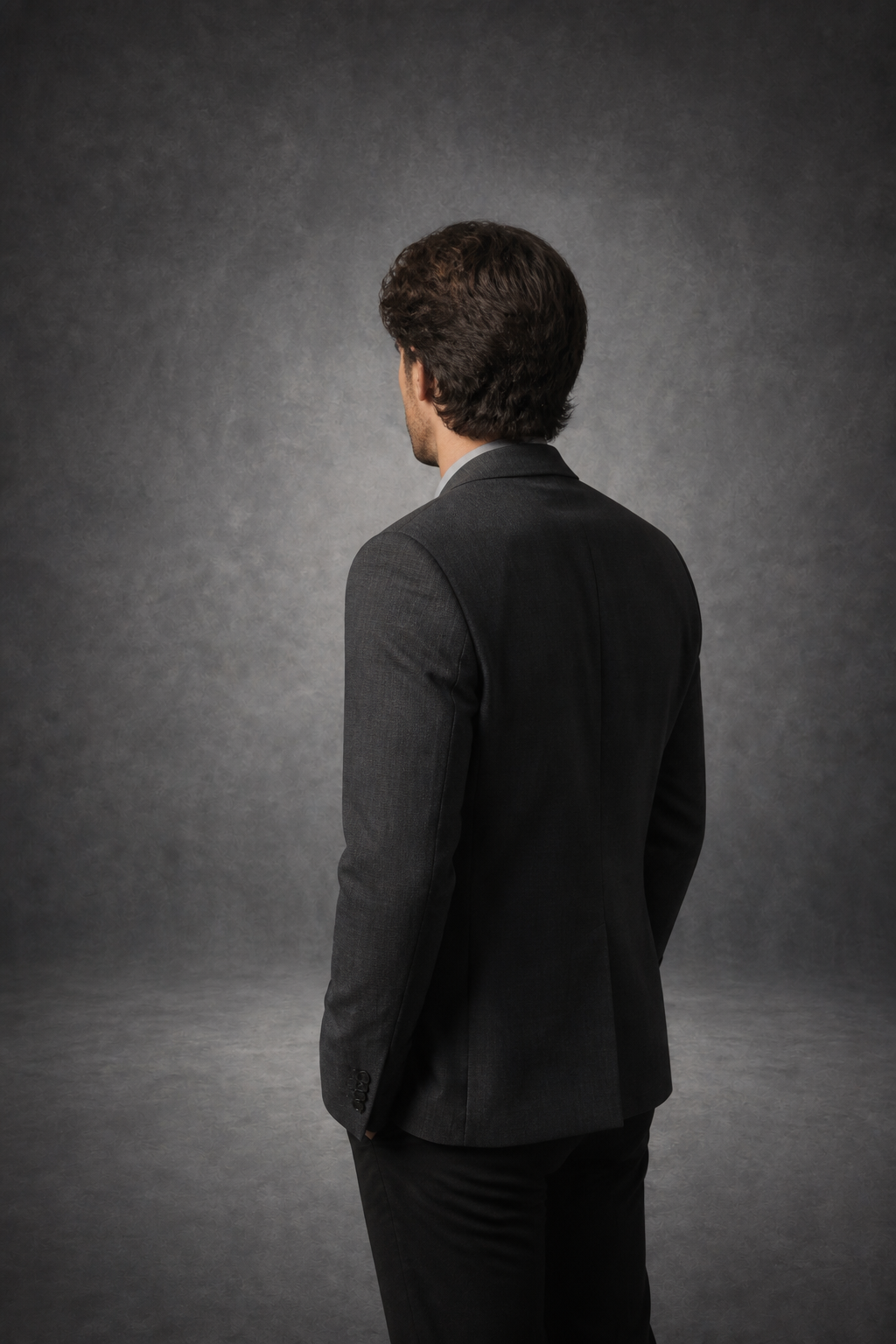 Executive charcoal sweep backdrop in use behind a portrait subject