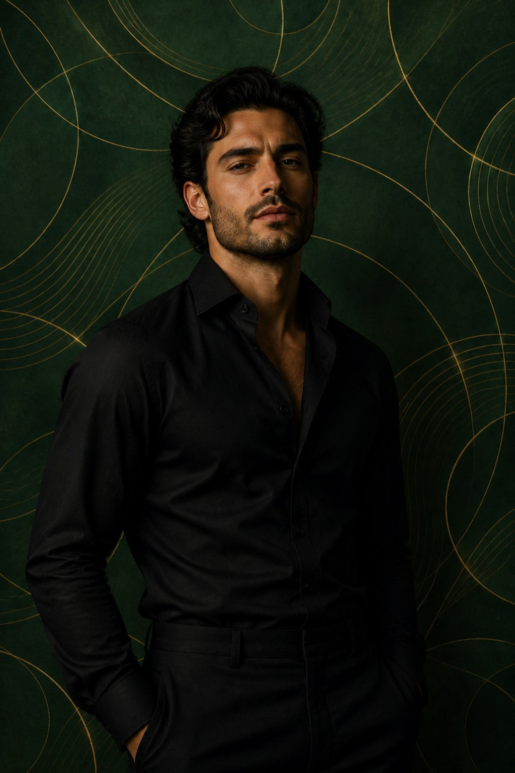 Portrait session using the Deep Green Gold Arc photography backdrop