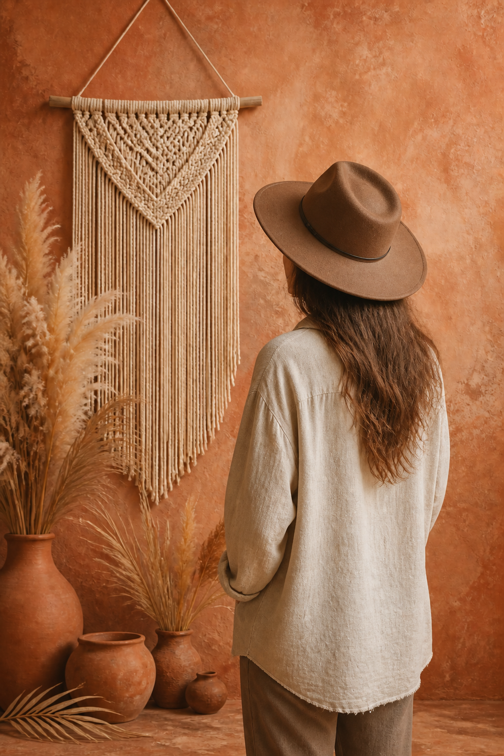 Macrame, pampas and terracotta wall backdrop in use behind a portrait subject