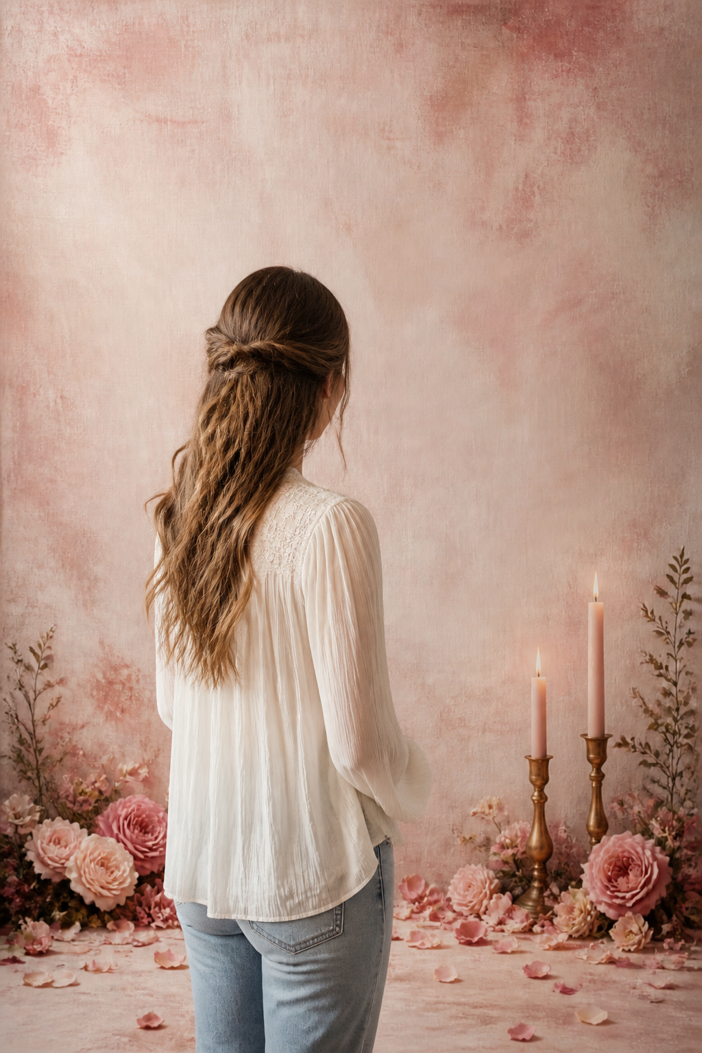 Blush rose petal and candlelight backdrop in use behind a portrait subject