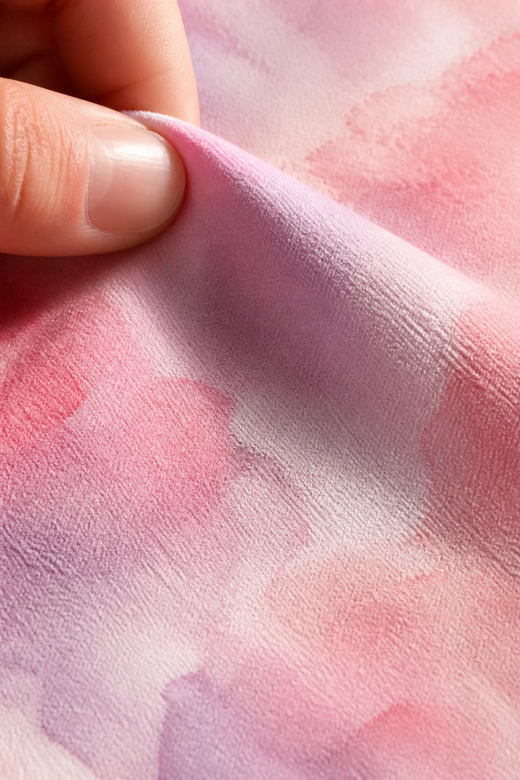 Close-up of the short-pile wrinkle-resistant fabric texture of the Blush Watercolor photography backdrop, held at the corner