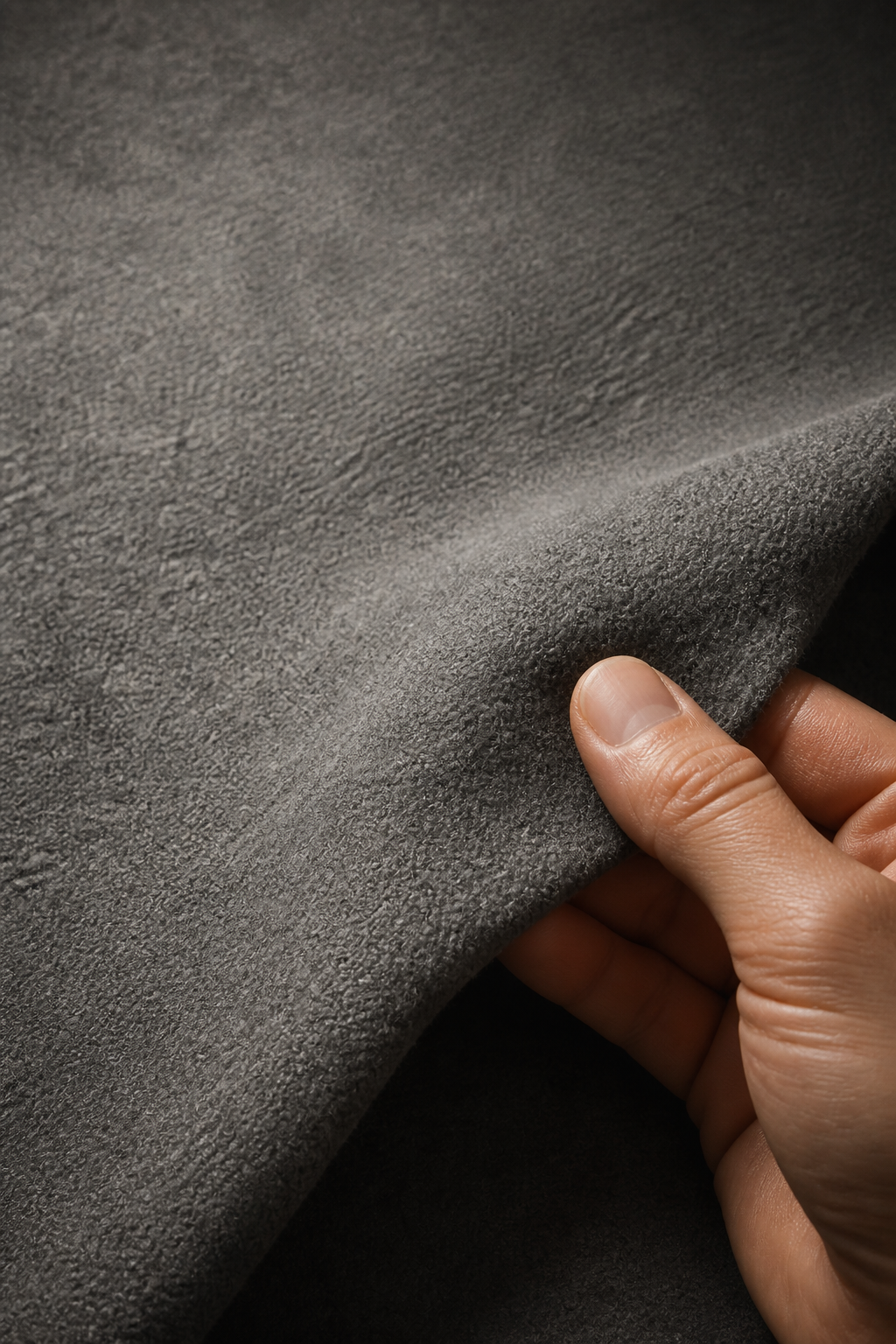 Close-up of the matte microfiber weave and printed detail of the executive charcoal sweep backdrop