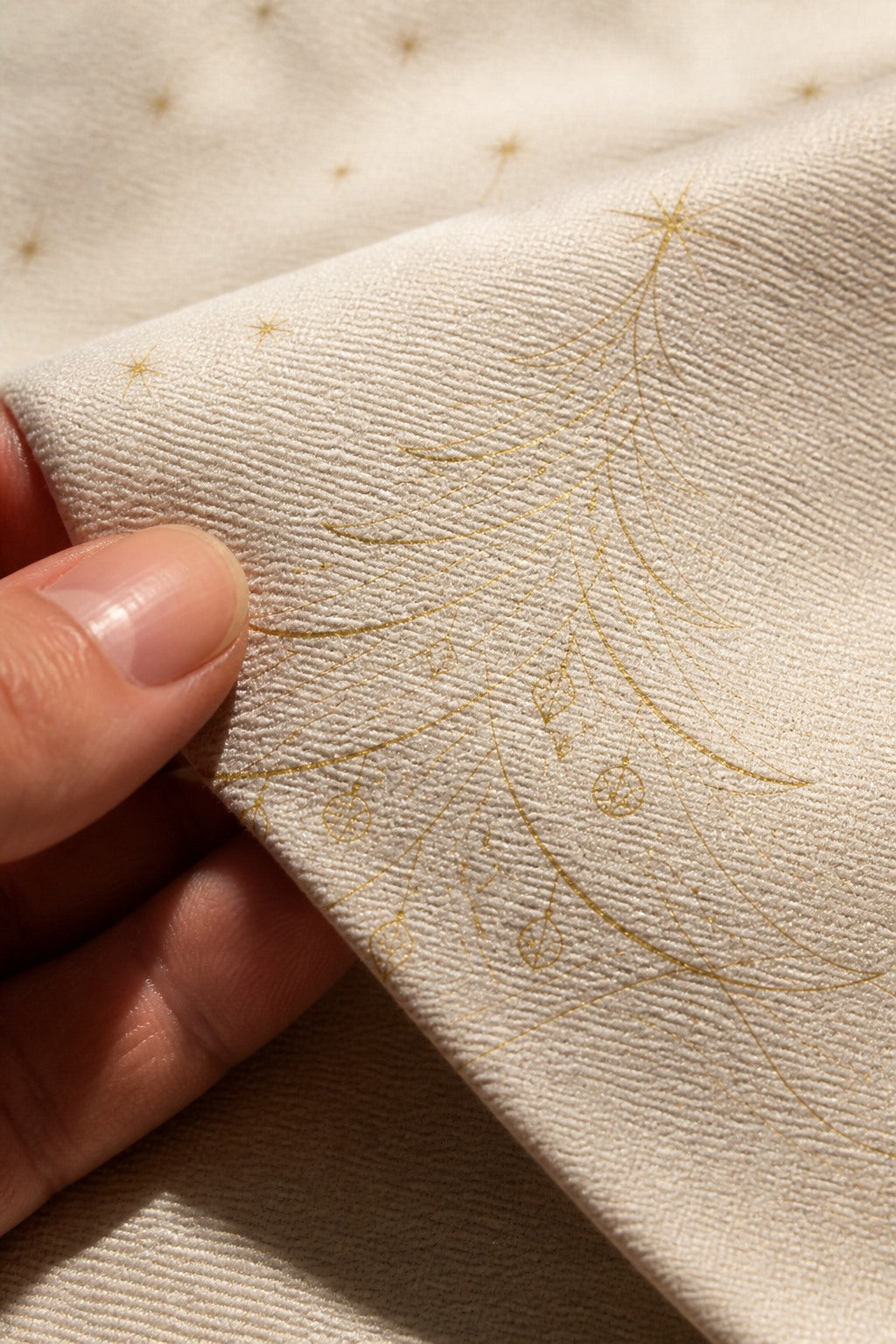 Close-up of the short-pile wrinkle-resistant fabric texture of the Minimalist Gold Line Christmas Tree photography backdrop, held at the corner