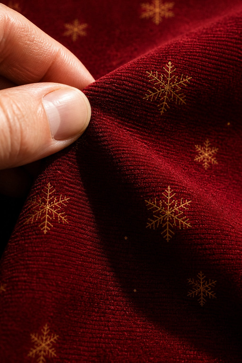 Close-up of the short-pile wrinkle-resistant fabric texture of the Burgundy & Gold Snowflakes photography backdrop, held at the corner