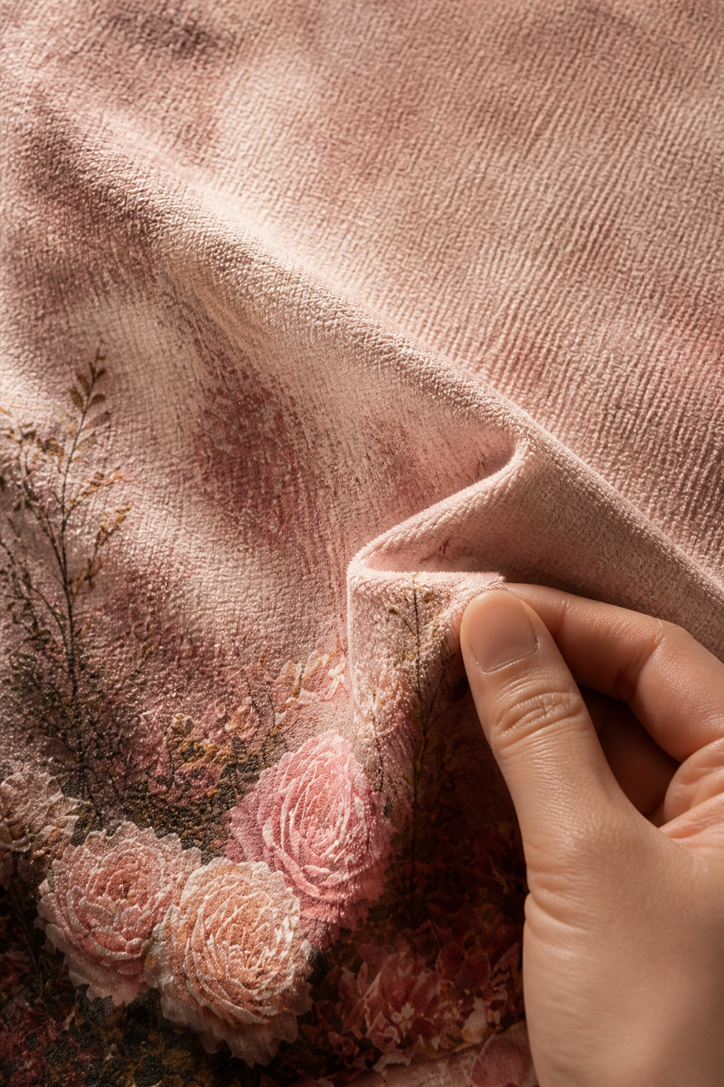 Close-up of the matte microfiber weave and printed detail of the blush rose petal and candlelight backdrop