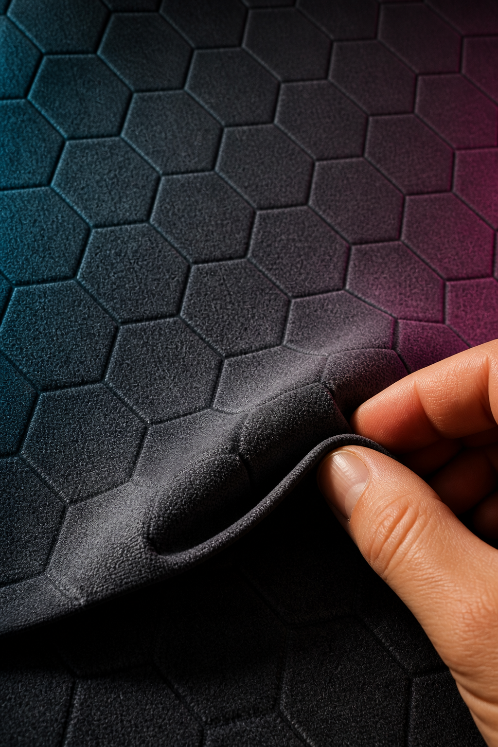 Close-up of the matte microfiber weave and printed detail of the ambient studio glow backdrop