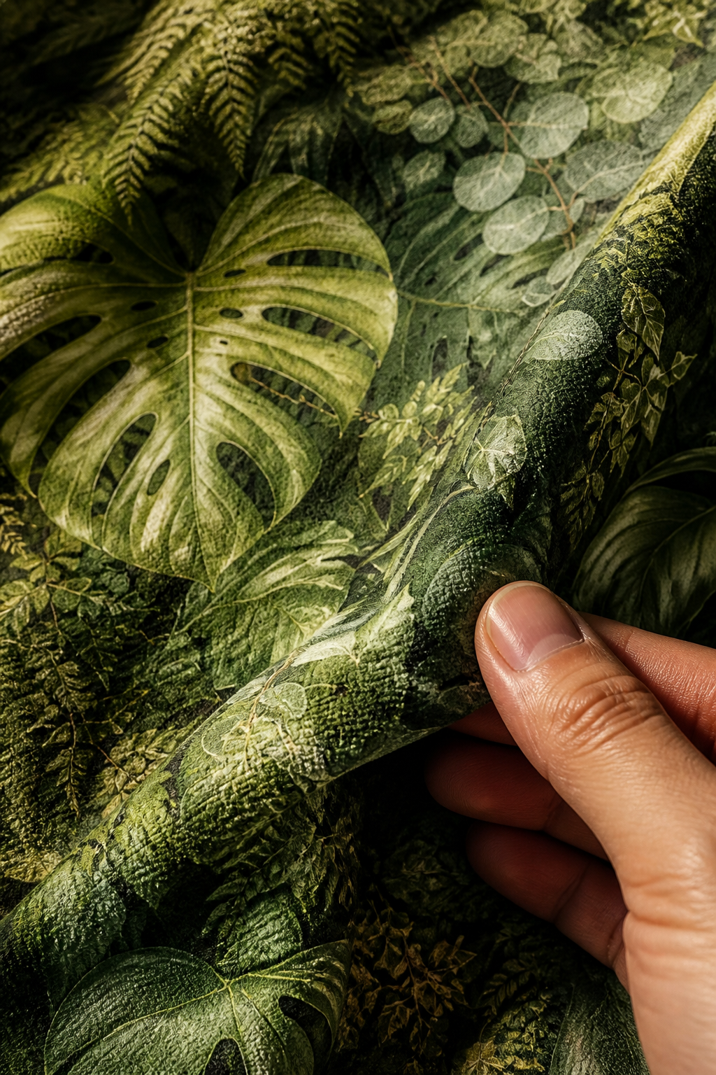 Close-up of the matte microfiber weave and printed detail of the deep foliage wall backdrop