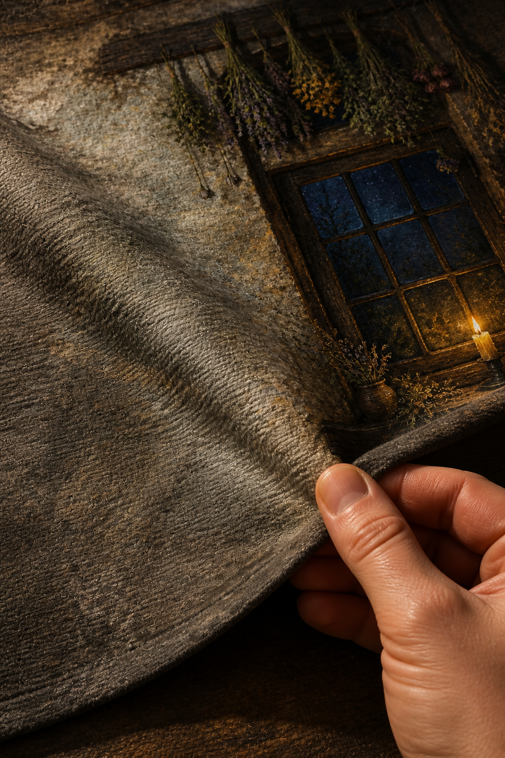 Close-up of the matte microfiber weave and printed detail of the enchanted cottage window backdrop