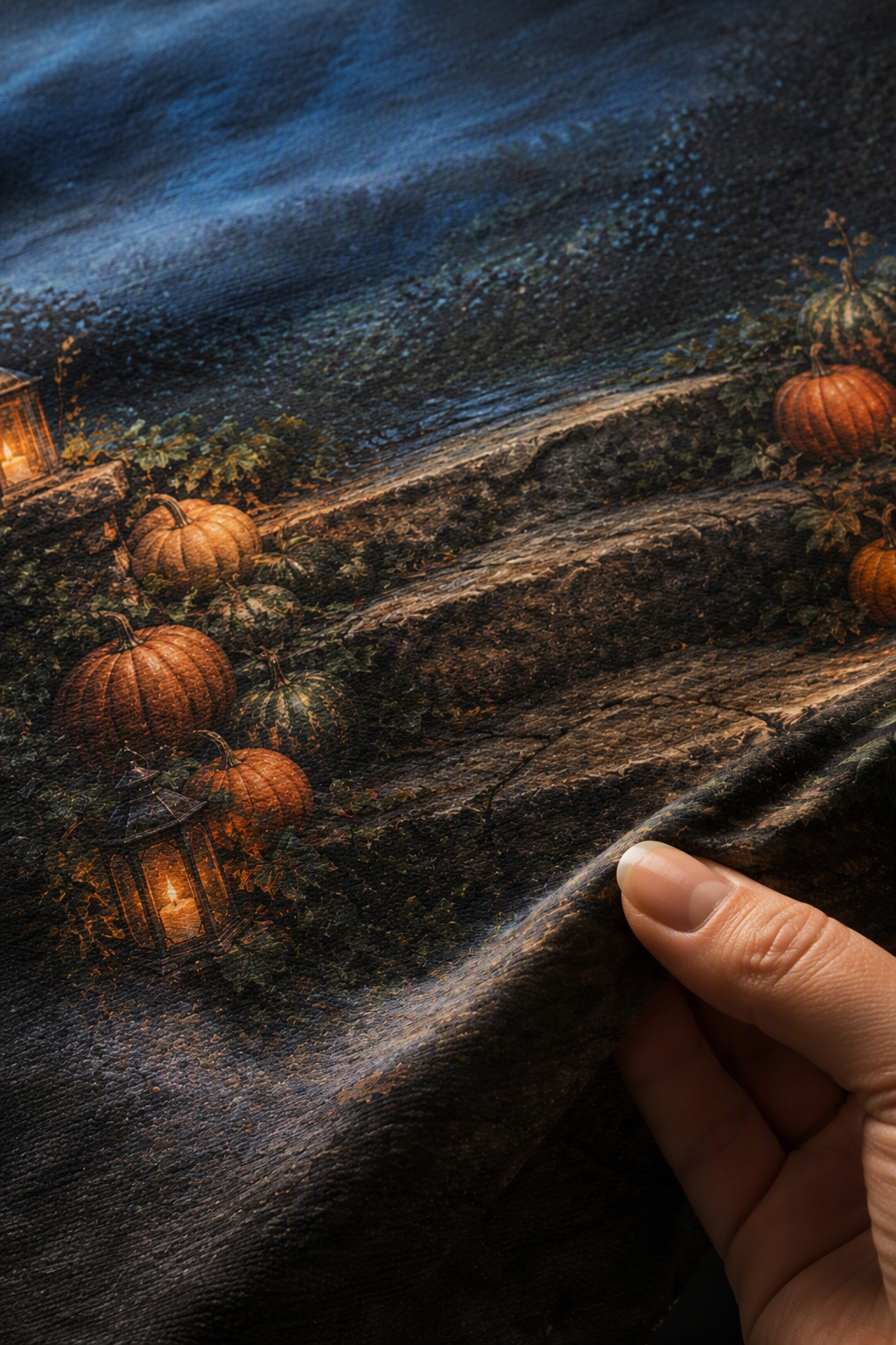 Close-up of the matte microfiber weave and printed detail of the candlelit stone steps with pumpkins backdrop