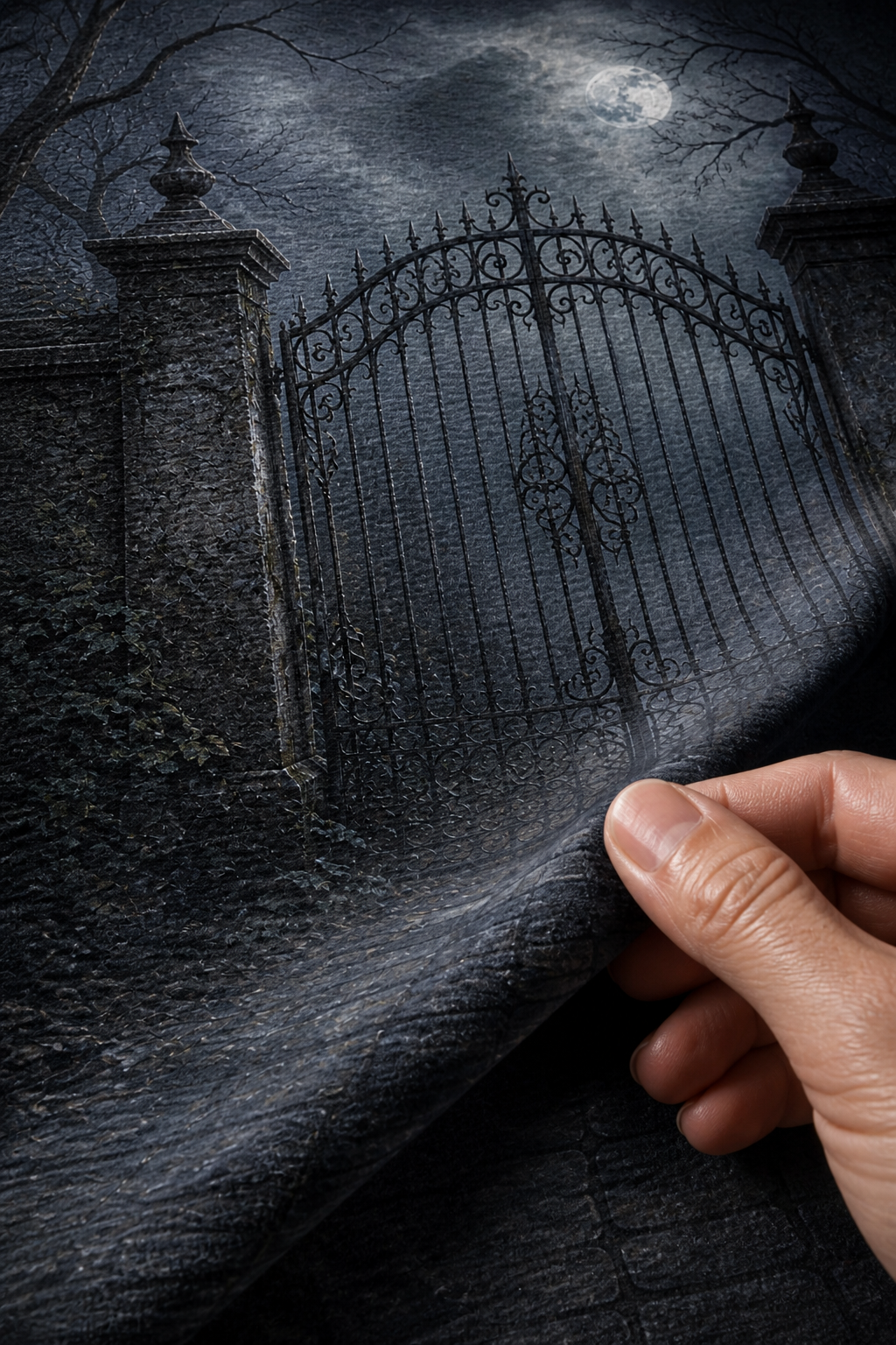 Close-up of the matte microfiber weave and printed detail of the moonlit iron gate and misty path backdrop