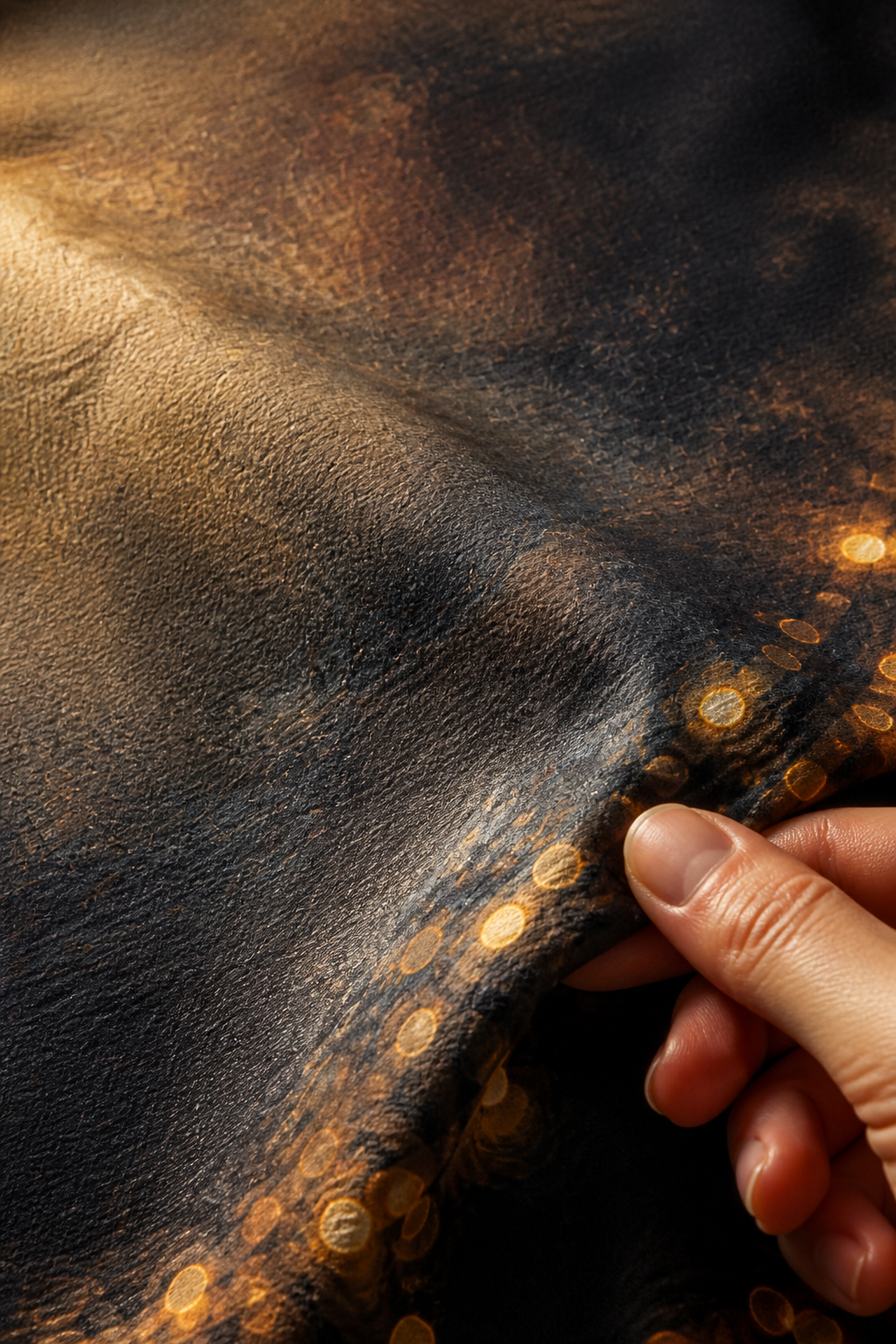 Close-up of the matte microfiber weave and printed detail of the champagne tower and fairy lights backdrop