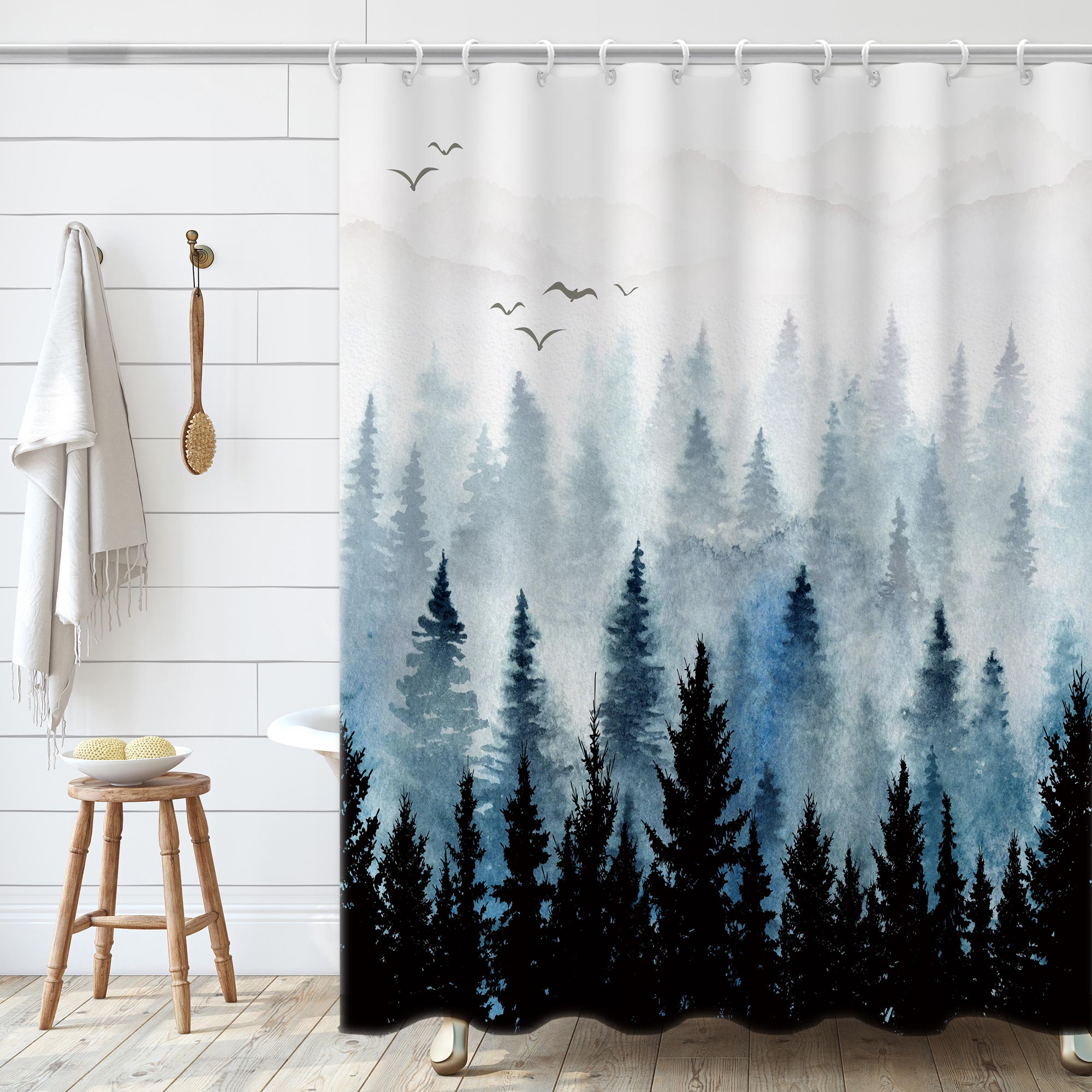 Ink Forest Pattern Shower Curtain Set ,Waterproof and Luxurious Fabric-12 Hooks