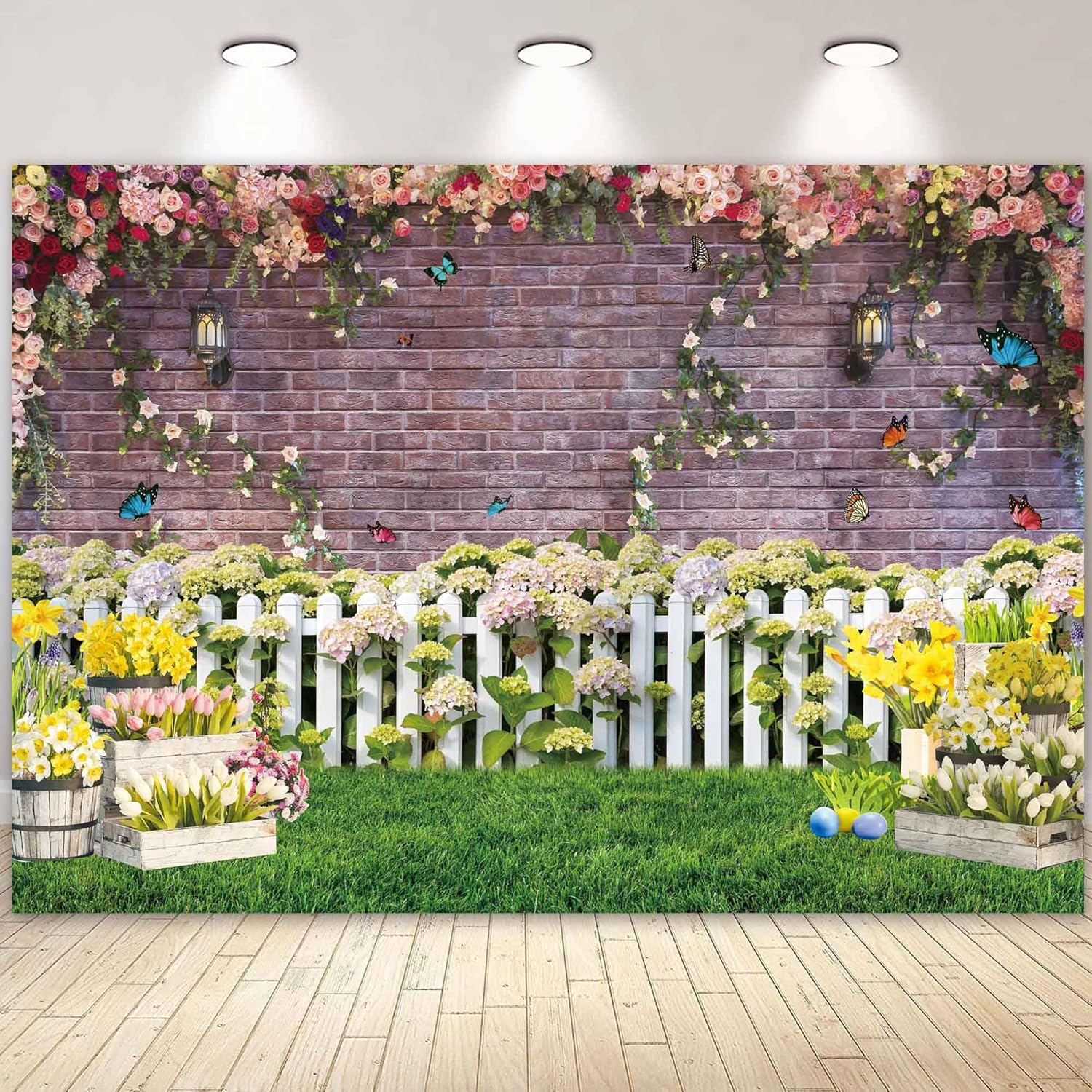 Spring Backdrop for Photography Flower Fence Pink Brick Wall Butterfly Decor Background Newborn Baby Portrait Easter Spring Photo Backdrop Shoot Booth Props