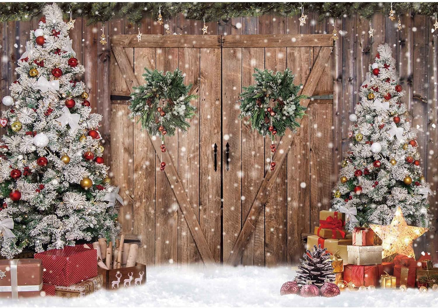 Winter Christmas Wondarland Rustic Wood Door Photography Backdrop for Party Decorations