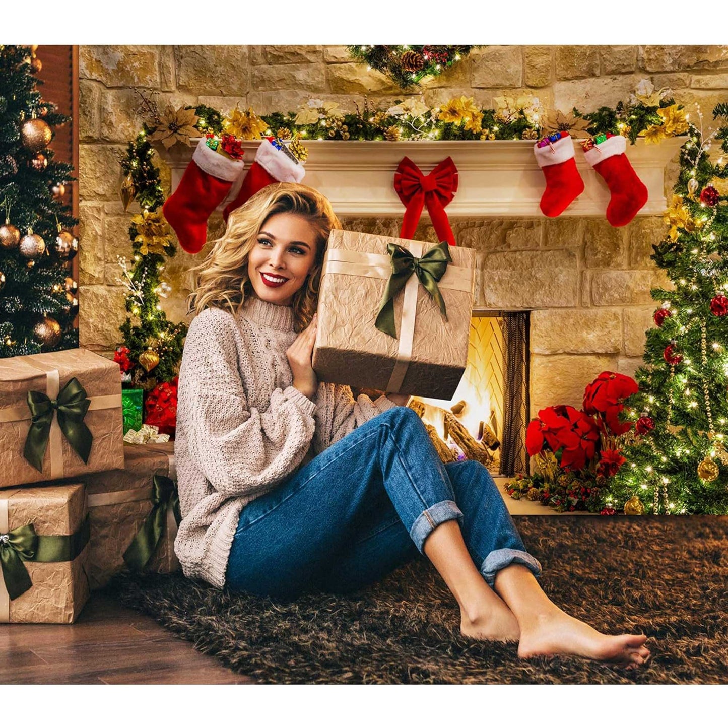 Haboke Christmas Fireplace Backdrop Photo Background Decorations