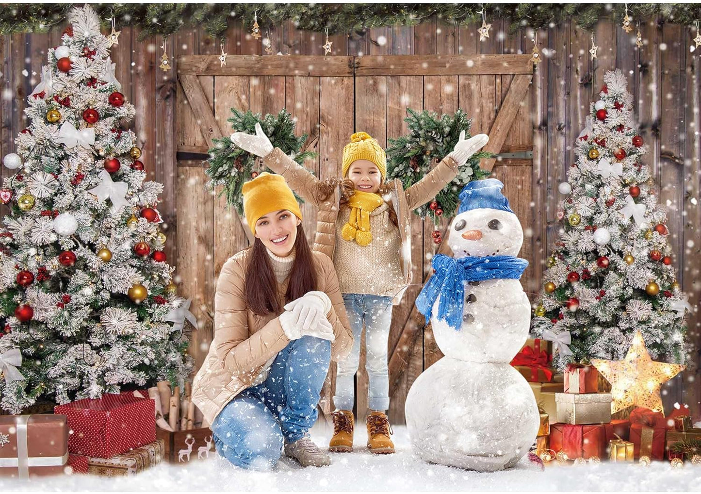 Winter Christmas Wonderland Rustic Wood Door Photography Backdrop for Party Decorations