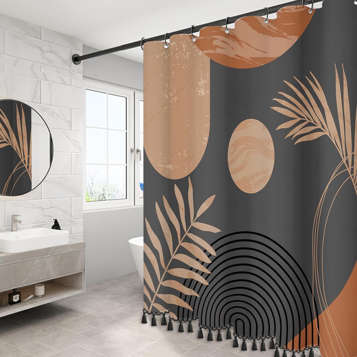 Boho Mid Century Leaf Shower Curtain Luxurious Chocolate Fabric-12 Hooks