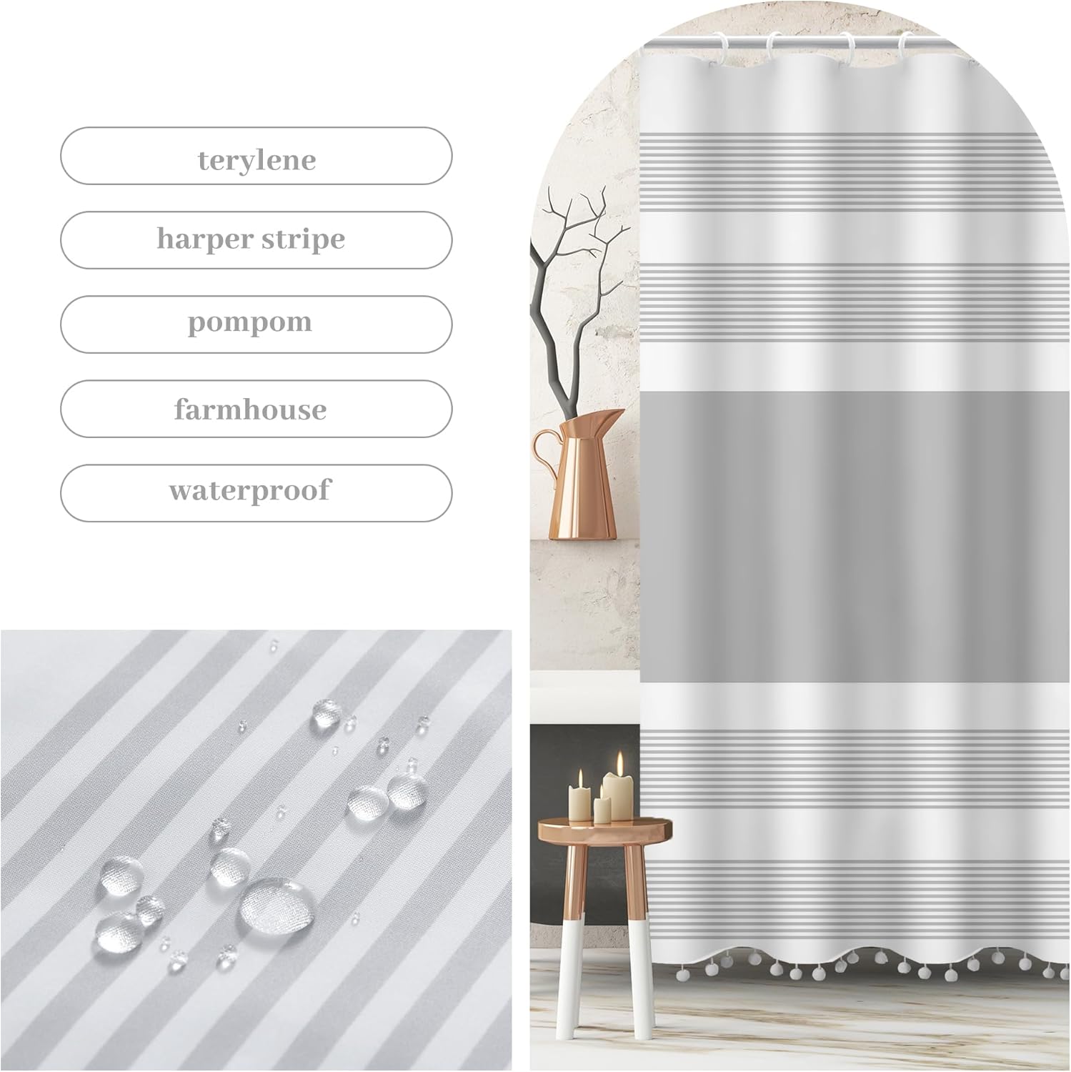 Luxury Fabric Farmhouse Grey Shower Curtain Gray with Pompom Linen Boho Modern Classics Striped Curtains for Bathroom