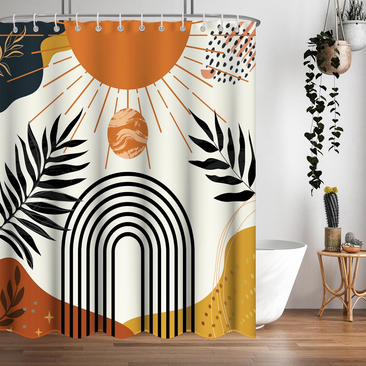 Abstract Tangerine Boho Shower Curtain Set,Arch Sun Design,Sage Green Minimalistic Leaves Pattern,Waterproof and Durable Luxurious Fabric-12 Hooks