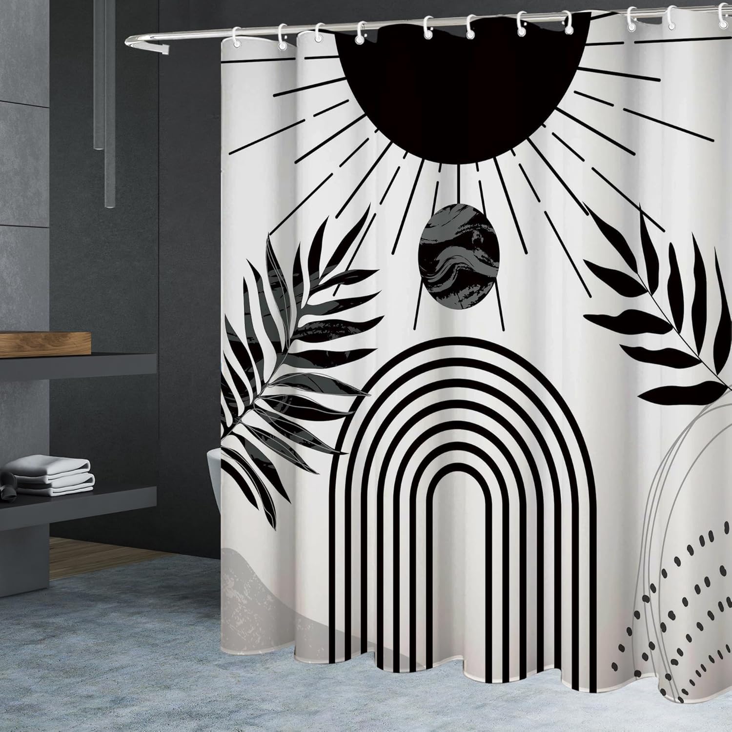 Black and White Boho Shower Curtain Set,Arch Sun Design,Sage Green Minimalistic Leaves Pattern,Waterproof and Durable Luxurious Fabric-12 Hooks
